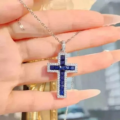 2.50Ct Princess Cut Lab Created Sapphire Cross Pendant 14K White Gold Plated - Picture 6 of 8