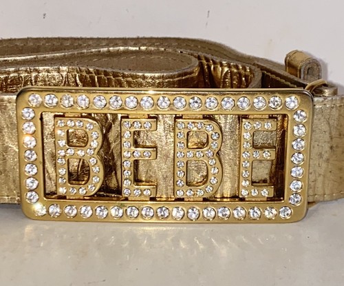 Vintage BEBE Gold Metallic Leather Belt with Rhinestone Logo Buckle Retro Y2K - Picture 5 of 13