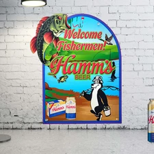 Hamm's Beer Die Cut Fishing Vintage Style Bar Garage Advertising Metal Sign