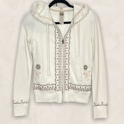 Lucky Brand Cream Embroidered Full-Zip Hooded Sweatshirt Jacket Sz XS