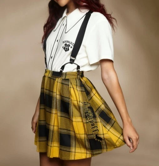 Harry Potter Hufflepuff Plaid Pleated Removable Suspender Skirt Hogwarts  Large | eBay