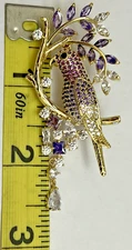 Parrot Bird Rhinestone Brooch Pin Vintage Crystal Glass Tree Leaf Purple Clear