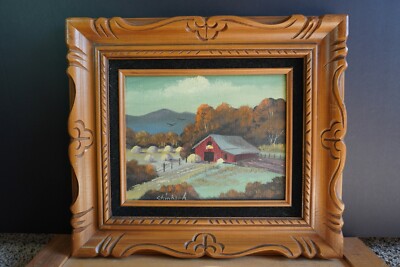 Vintage Folk Art Painting Autumn Country Landscape Barn Fields - Steinbach
