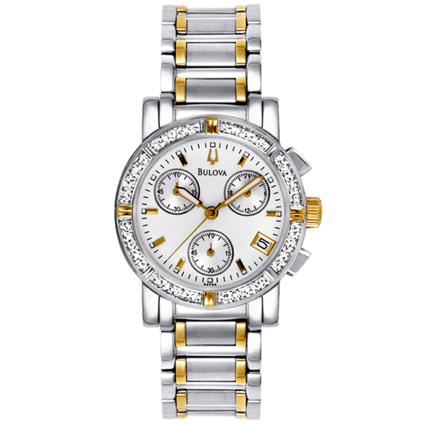 NEW BULOVA TONE SILVER+GOLD,DIAMONDS,CHRONOGRAPH,BRACELET,S/STEEL WATCH  98R98