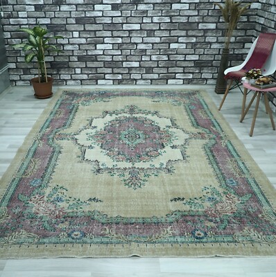 Boho Decor Rug, Vintage Turkish Rug, Light Brown Carpet, 6.82x10.43 ft H-1743