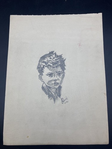 Orig. Ancien portrait dessin au crayon Joe Gabriel 1933 jeune garçon sérieux - Photo 3 sur 11