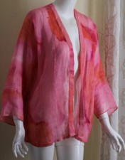 Chico's 2 L Pink Gauze 100 Linen Fabulous Watercolor Painted Open Art Jacket