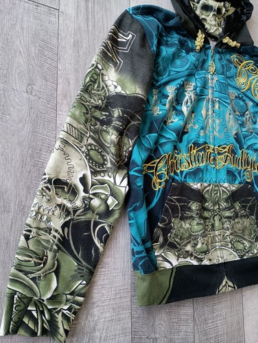 Christian Audigier Hoodie Blue Gold Crown Skull hoodie embroidery White Hardy XL - Picture 3 of 13