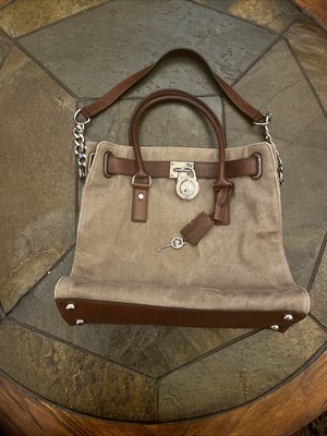 Michael Kors Hamilton Natural Canvas Whiskey Brown Leather Tote Shoulder Handbag