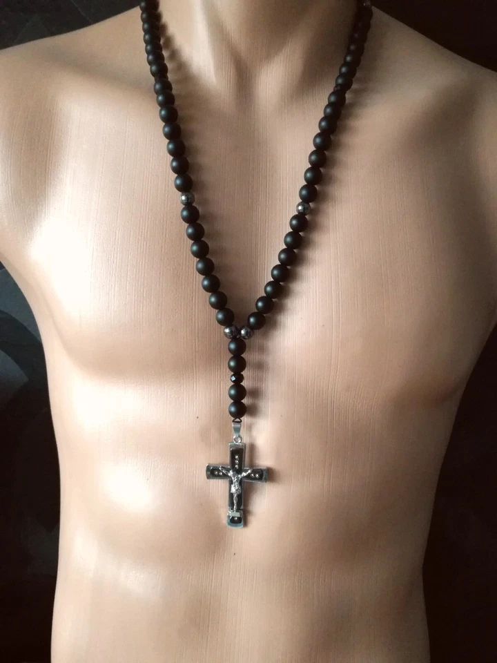 Collar Cruz Jesús Colgante Ónix 10mm Cadena de Oración Regalo de Navidad - Imagen 4 de 4