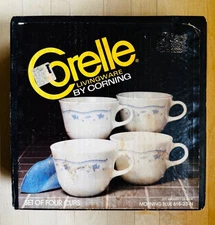 NOS BOX Vintage Corning Corelle 4 Morning Blue Coffee Tea Cups Mugs Blue Flowers