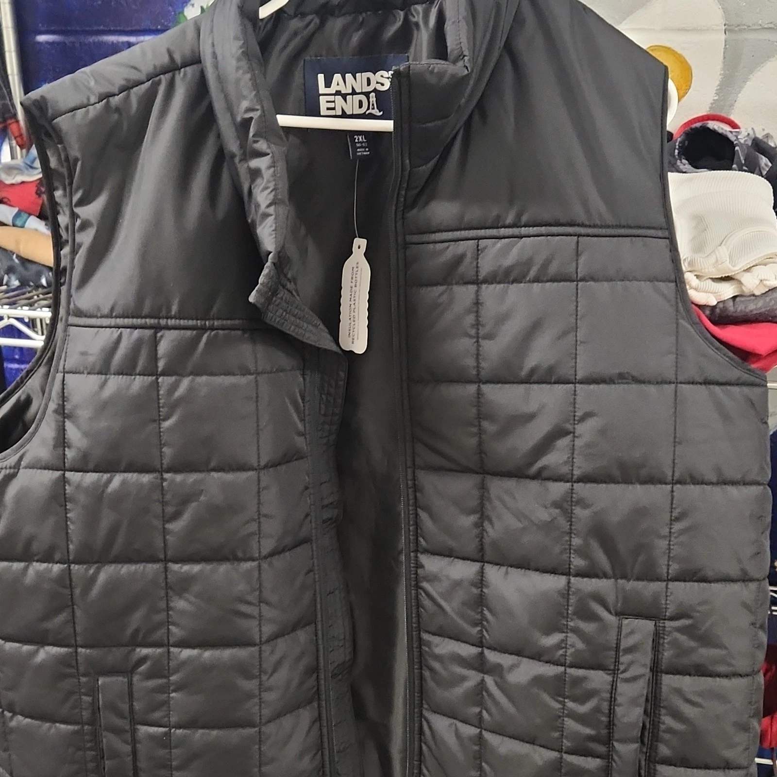 Lands' End Men's Quilted Insulated Zip Vest Black 2XL 50-52 Winter Pockets