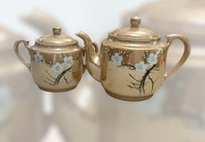 Japanese Peach Lusterware Cherry Blossom Tea Pot Sugar Bowl Hand Painted