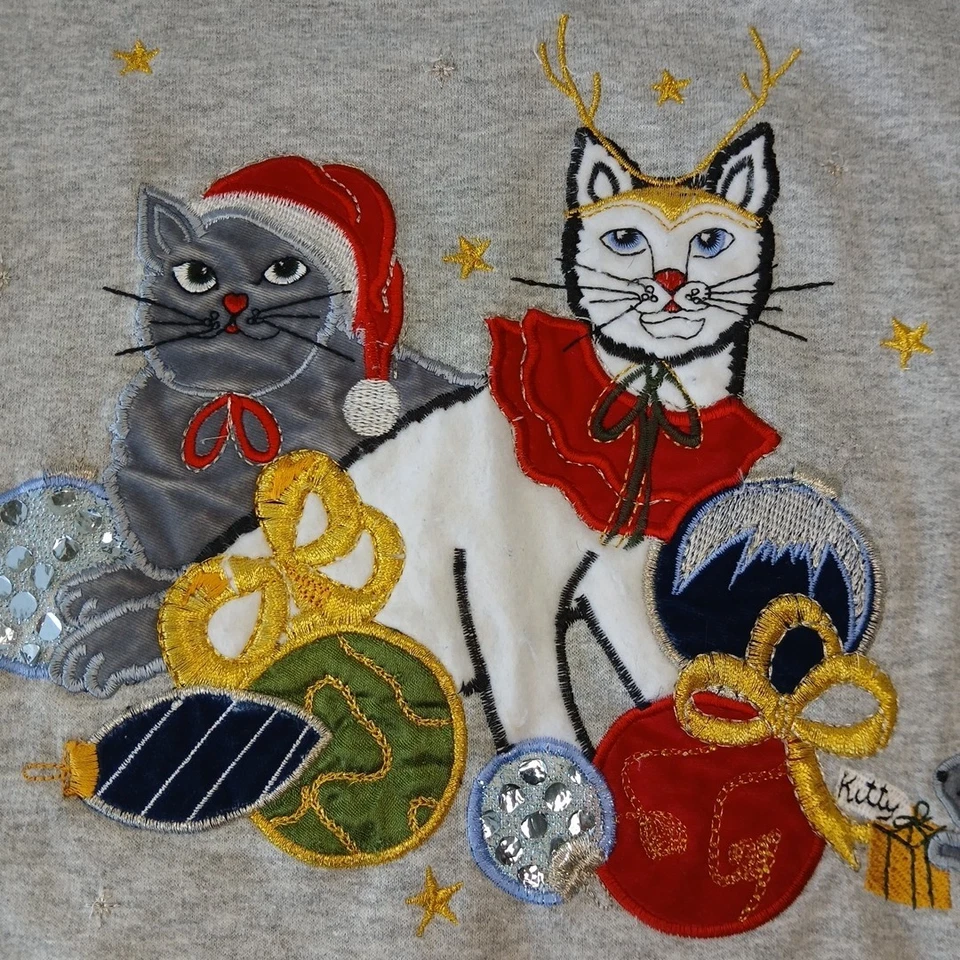 Moletom Bobbie Brooks gato L cinza anos 90 Natal gatinho bordado vovó - Imagem 3 de 4