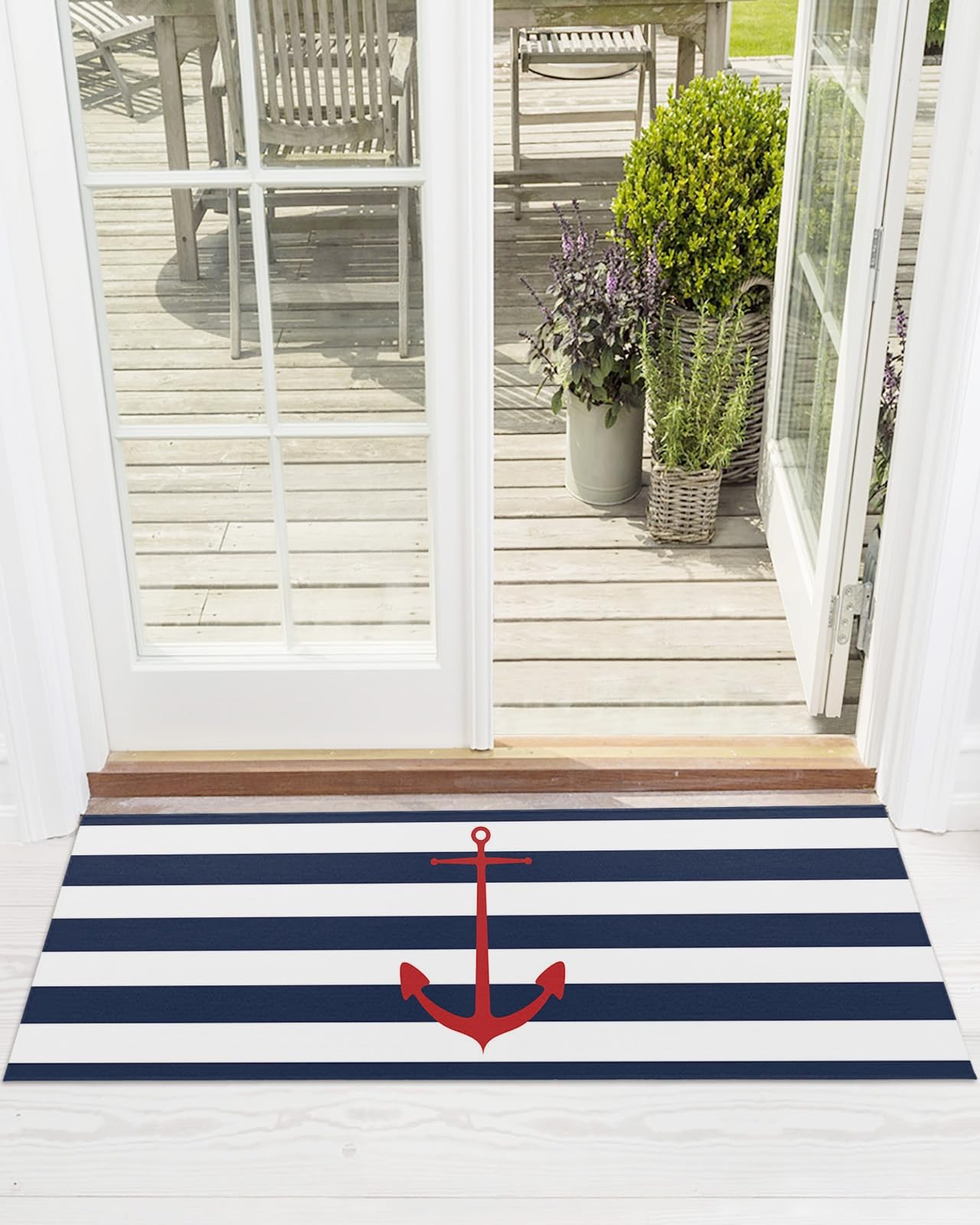 Front Door Mat Nautical Anchor Navy Blue and White Striped Indoor Outdoor Ent...