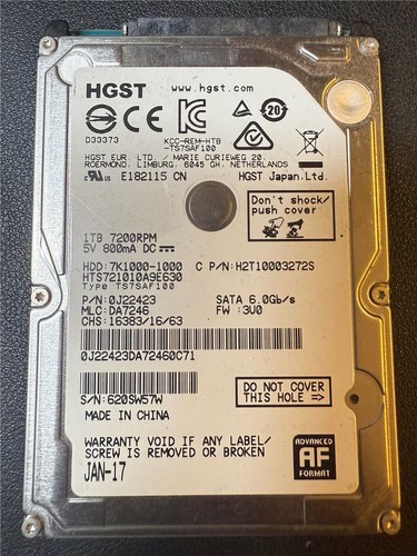 HGST, 1TB, 7K1000-1000, HTS721010A9E630, S/N: 620SW57W, SATA HDD
