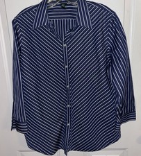 LRL Ralph Lauren Women s XL Blue White Diagonal 100 Cotton Striped Button Up