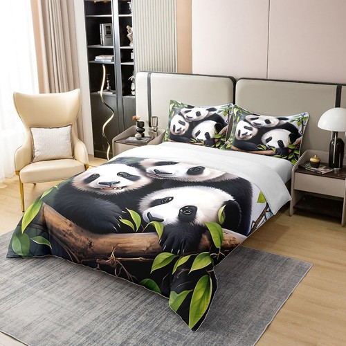 Cute Pandas 100% Cotton Duvet Cover Full Black White Animals Bedding Set for - Picture 2 of 6