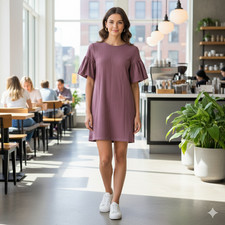 Express Mauve Cotton Polyester Spandex Box Type Puff Sleeves Dress