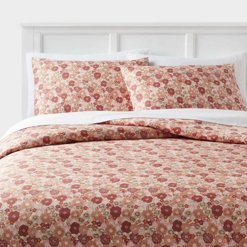 King Cotton Blend Sateen Duvet Cover and Sham Set Copper/Light Pink Floral