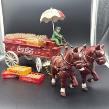 Vintage Coca Cola Cast Iron Horse Drawn Wagon with Umbrella  Cases Red White
