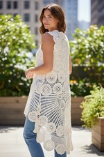 White Crochet Lace Sleeveless Top with Floral...