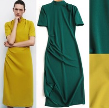 ZARA ORIENTAL QIPAO MUSTARD STRETCHY SKINNY PENCIL SHEATH GATHERED BODYCON DRESS