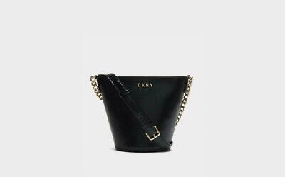 DKNY Kim Snake-Embossed Chain Leather Bucket Bag Black