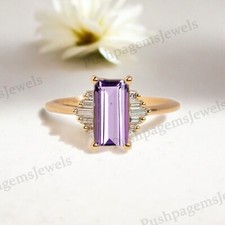 925 Sterling Silver 8x6 mm Emerald Cut natural Amethyst Ring Cubic Zirconia