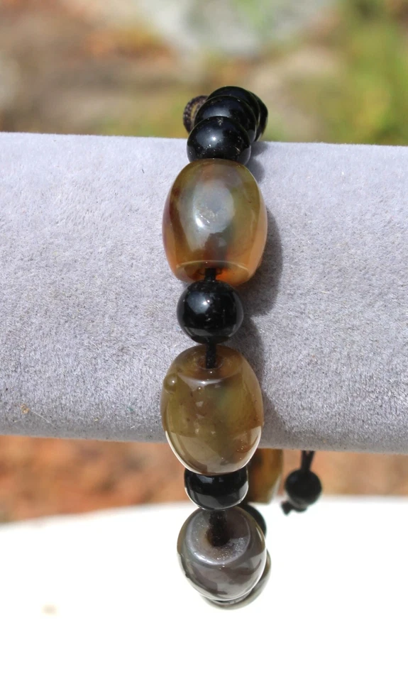 Pulseira exclusiva robusta marrom ágata vermelha barril pesado e miçangas pulseira de pedra