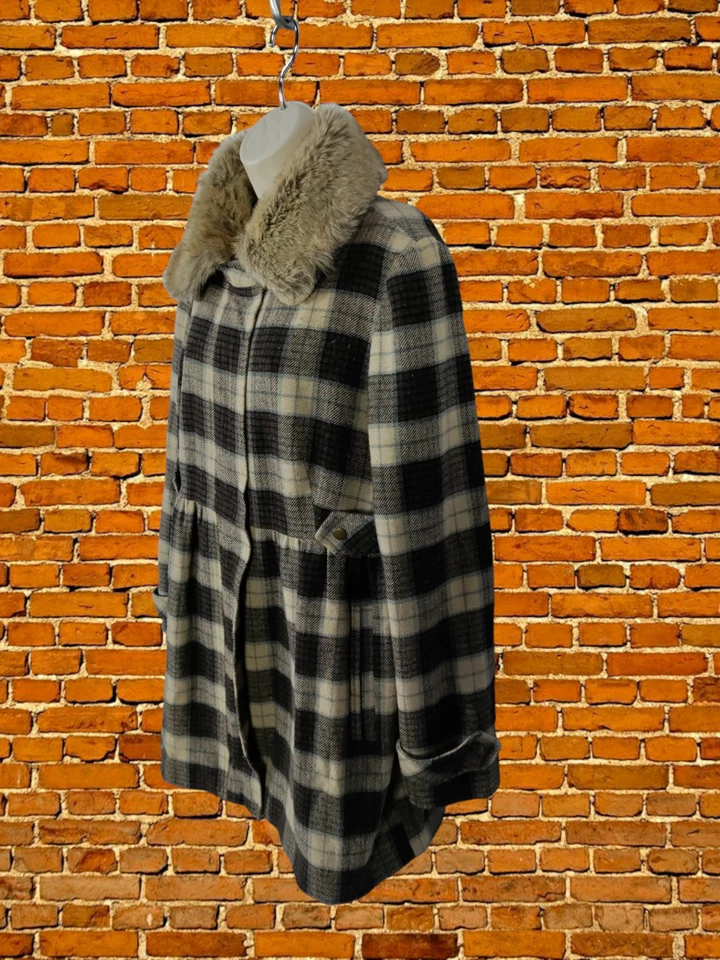 ЖЕНЩИН СКЛАД UK 16 КОРИЧНЕВЫЙ СМЕСЬ ЧЕК КЛЕТКУ ИСКУССТВЕННОГО МЕХА ВОРОТНИК ШЕРСТИ КУРТКА ПАЛЬТО - Изображение 3 из 4