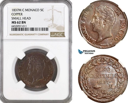 A6/181, Monaco, Honore V, 5 Centimes 1837 M, Copper, Small Head, NGC MS62BN