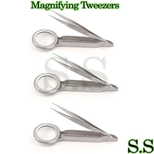3 Pcs Tweezer Magnifying Glass Loupe Magnifier Silver Stainless Steel Instrument