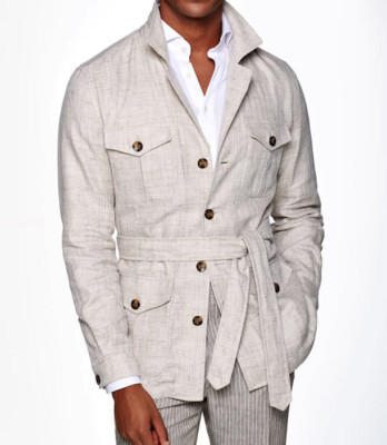 Retro Mens Cotton Linen Safari Jacket Breathable Belted Hunting