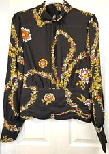 ModCloth Blouse Sz L Designer Floral Long Poet Sleeve Blouson High Neck Top NWT