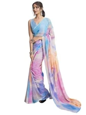 Indian Chiffon Saree With Unstitched Blouse Piece Party Wedding Wear For Women