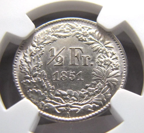 Switzerland KM8 Half Franc 1851-A NGC UNC. details, cleaned.  Full white coin.