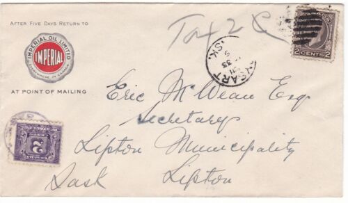 1933 Medallion Imperial Oil cover Dysart to Lipton Saskatchewan Postage Due - Picture 1 of 2