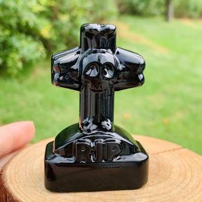 Natural Halloween Obsidian garnet cross tombstone ornament crystal Random 1PC
