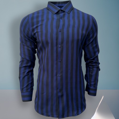 Blue Slim Fit Long Sleeve Shirt Striped Shirt Casual work office Wear Dark Blue - 第 4/14 張圖片