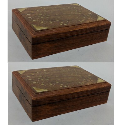 Box Sheesham Wood 5''W 7''L 2''Hi Set/2 Brass Inlaid Hing Broken FREE SHIPPING