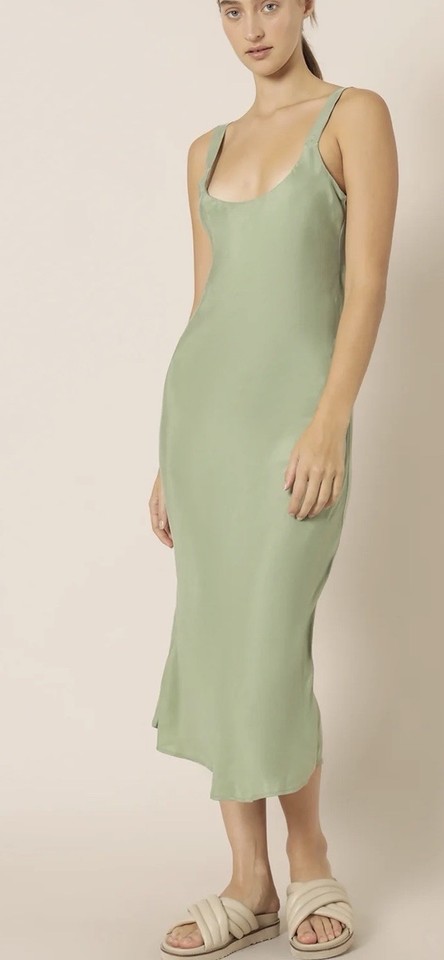 NUDELUCY Green Satin Slip Midi Dress Scoop Neck Strappy Sleeveless Size M