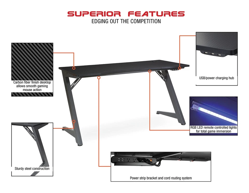 Escritorio para juegos Beta Battlestation con luces LED RGB Bluetooth, rojo mate Foto 2 de 4