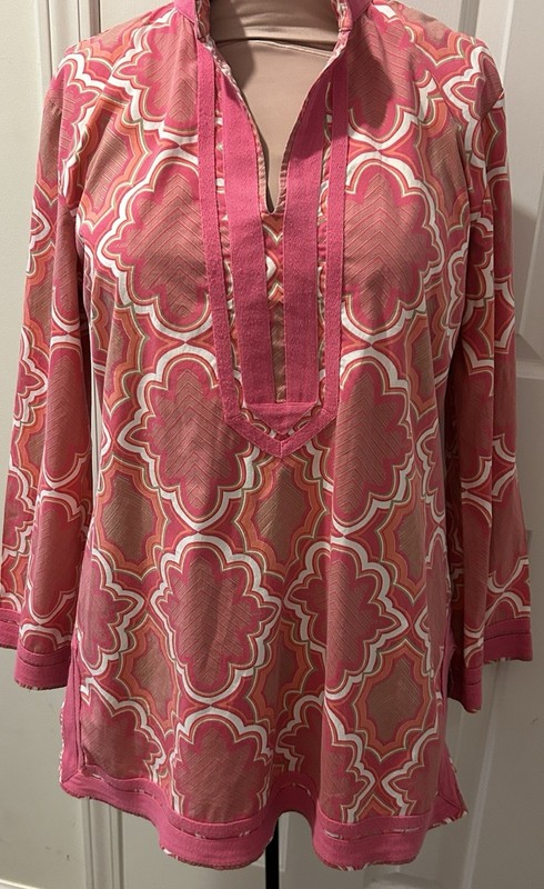 DANA BUCHMAN Pink Orange Block Print Tunic Top L Blouse Women’s Large
