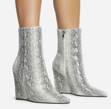EGO METALLIC SILVER SNAKE PRINT WEDGE HEEL ANKLE BOOT
