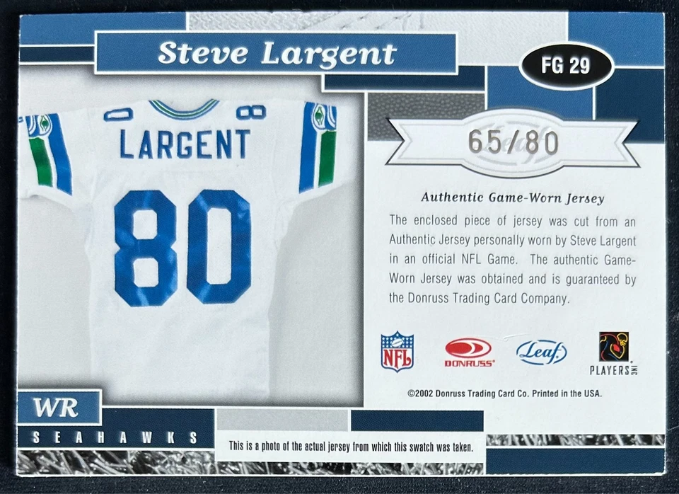 Camiseta deportiva con parche usado en juego Steve Largent 2002 certificado Leaf Auto #65/80 juego juego de tela Foto 2 de 2