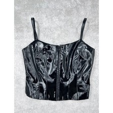 Bebe Black Faux Leather Patent Corset Top Zip Front Bustier Camisole SZ 6