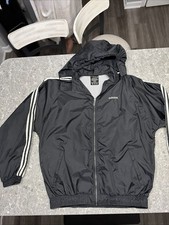 Adidas Vintage Black Windbreaker Size XL Track Y2K 2000s Full Zip Jacket Hood