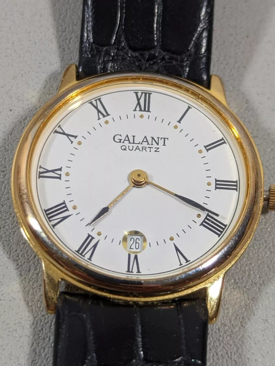 Galant White Dial Round Gold Tone Case Black Leather Band Watch