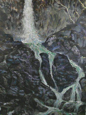 Robert Eid 2002 Öl auf Presspappe Wasserfall im Val Bavona 102x64 cm MÄ-241